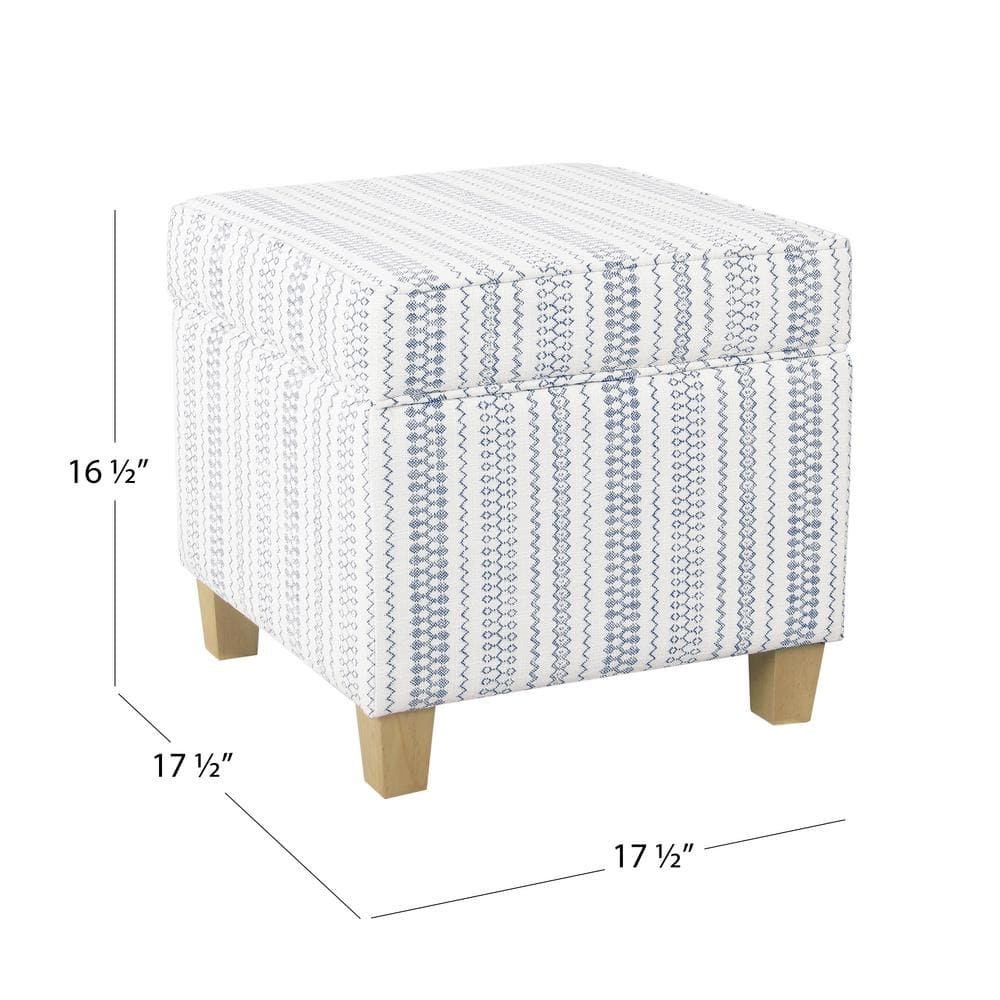 Farmhouse Blue Striped Square Storage Ottoman with Wood Legs