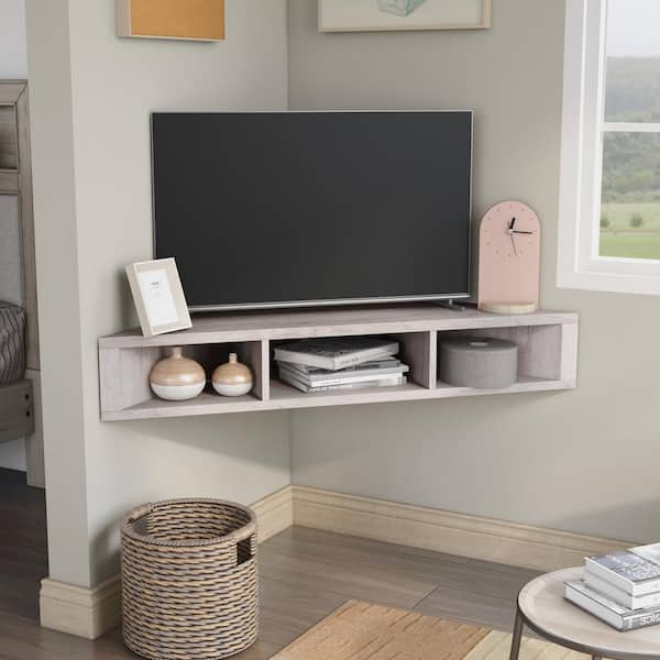 Furniture of America Emmeline 47 in. White Oak Particle Board Corner Floating TV Stand Fits TVs Up to 50 in. with Cable Management