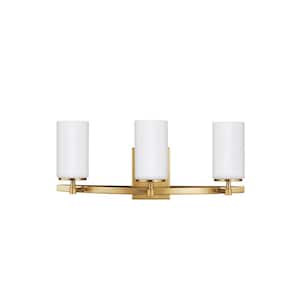 Alturas 22 in. 3-Light Satin Brass Modern Contemporary Wall Bathroom Vanity Light with Satin Etched Glass Shades