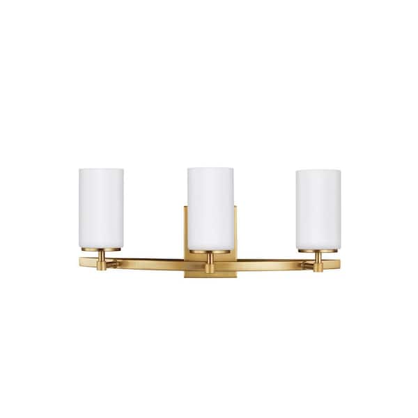 Generation Lighting Alturas 22 in. 3-Light Satin Brass Modern Contemporary Wall Bathroom Vanity Light with Satin Etched Glass Shades