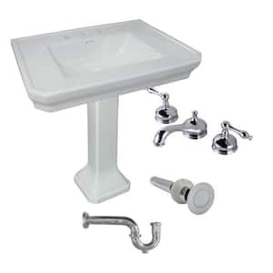 32 in. W Large White Pedestal Bathroom Sink Porcelain Basin, Pedestal Leg, 8 in. Widespread Faucet, P-Trap