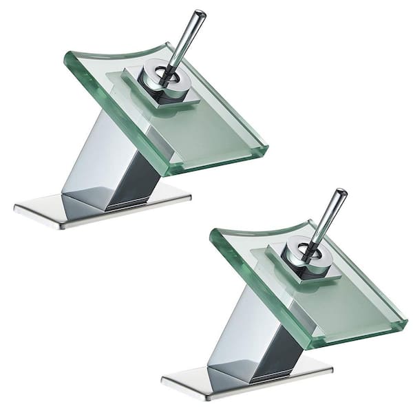 BWE Waterfall Single Hole Single-Handle Low-Arc Bathroom Faucet With Glass Spout In Polished Chrome x 2 Pack