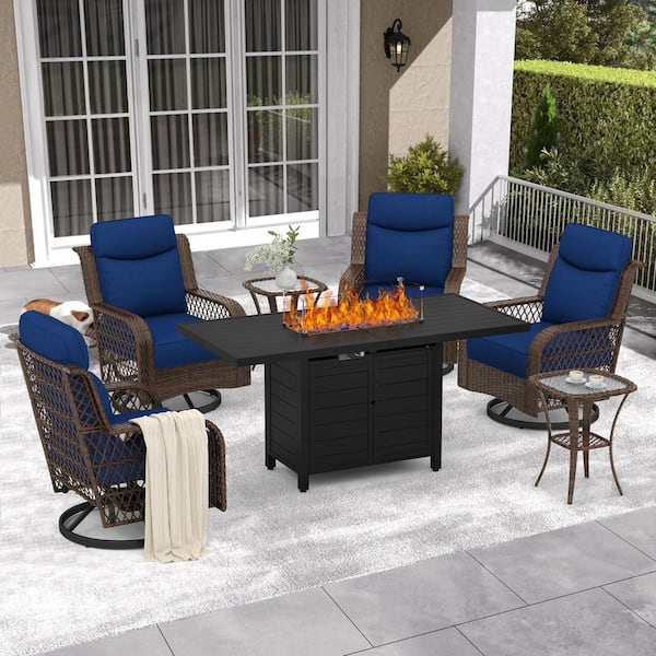 7-Piece Metal Patio Fire Pit Set with 5 in. Blue Cushions Swivel Rocking Chairs and Aluminum Gas Fire Table for Deck