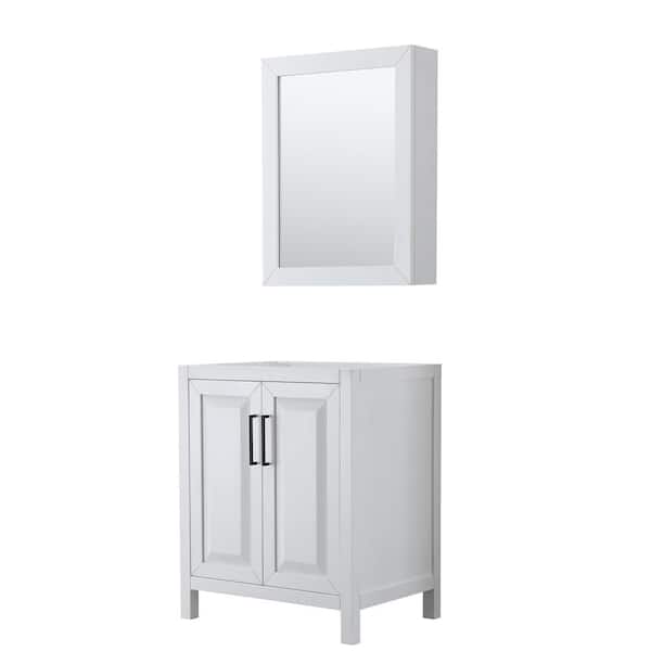 Wyndham Collection Daria 29 in. W x 21.5 in. D x 35 in. H Single Bath Vanity Cabinet without Top in White with Med Cab Mirror