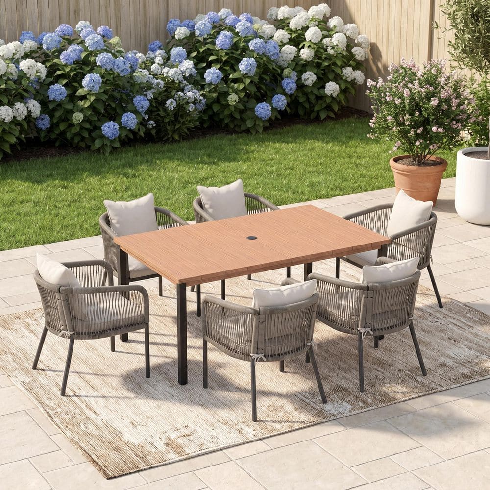 7-Piece 63 in. Walnut Metal Rectangle Slatted Outdoor Dining Set with 6 Gray Wicker Rope Chairs with White Cushions price history on PriceWatchPro