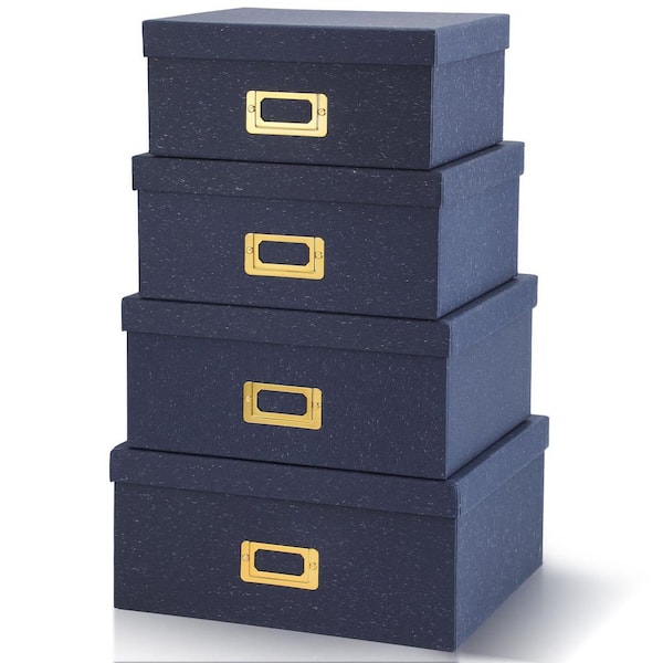 Blue 11.8 in. x 5.3 in. Kraft Paper Decorative Box with Lid and Gold Label Holder, 4-Piece Set, Home Decor