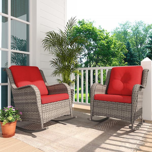 INMITOM 2-Pack Wicker Outdoor Rocking Chair Lounge Chair Patio with Red Cushion