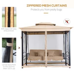 3-Seat Metal Patio Swing Chair, Outdoor Gazebo Swing with Double Tier Canopy, Mesh Sidewalls, Cushioned Seat and Pillows