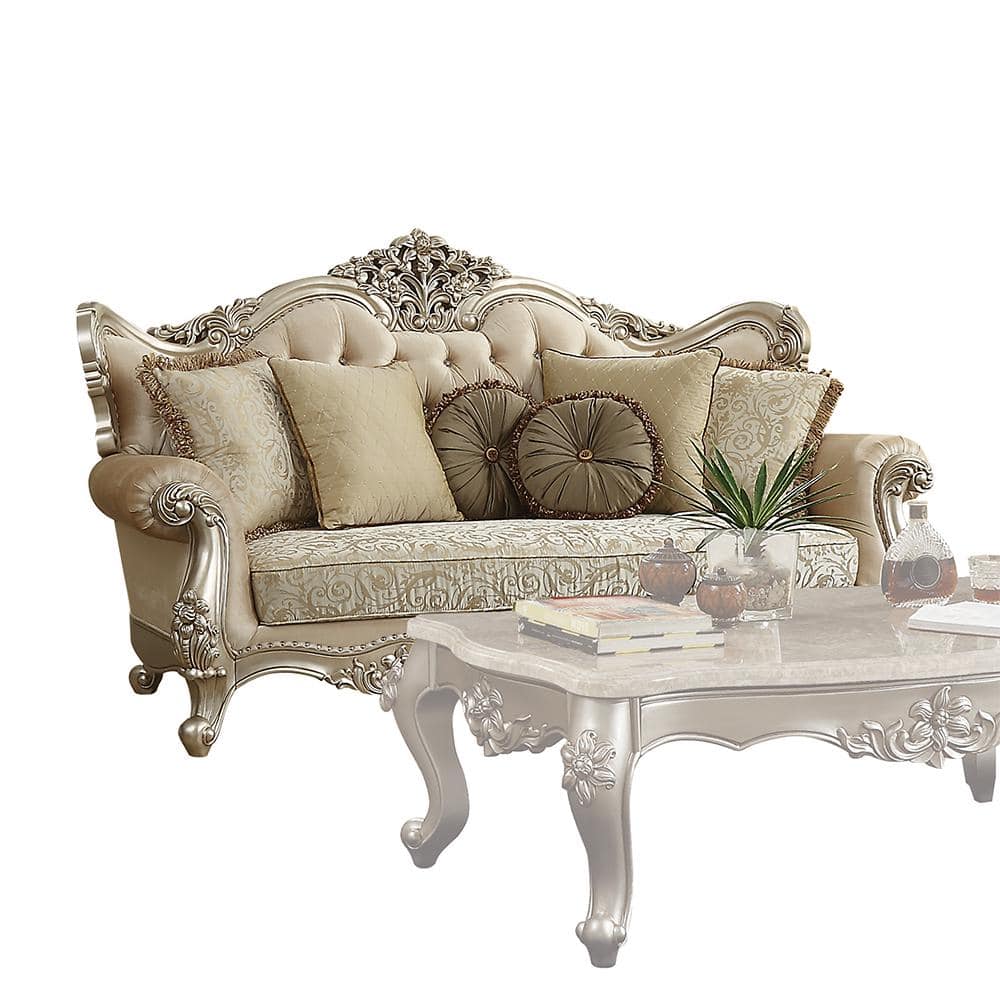 88" Champagne Gold Tufted Victorian-Inspired Sofa with 7 Pillows