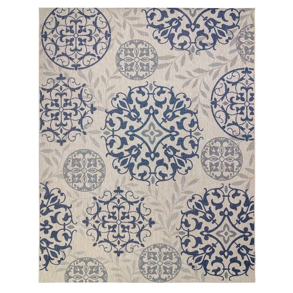 Paseo Emilia Grain/Navy 9 ft. x 13 ft. Medallion Indoor/Outdoor Area Rug