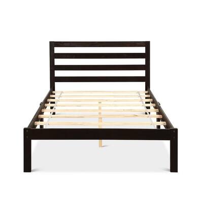 Espresso Twin Size Platform Bed Frame Wood Slat Support with Headboard