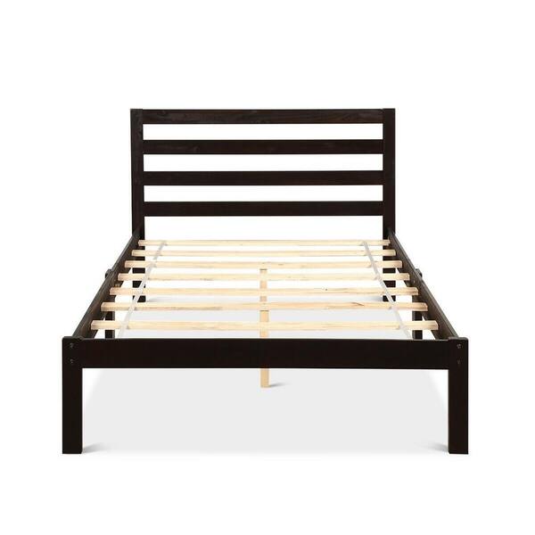 Boyel Living Espresso Twin Size Platform Bed Frame Wood Slat Support with Headboard
