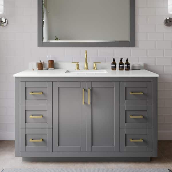 Wyndham Collection Miranda 54 in. W x 22 in. D x 33.75 in. H Single Bath Vanity in Dark Gray with White Quartz Top and 46 in. Mirror