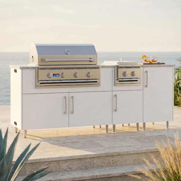 Golden Sky 86.5 in. W 4-Burner Propane Grill Island in Miami Shell White with Side Burner, Cabinet