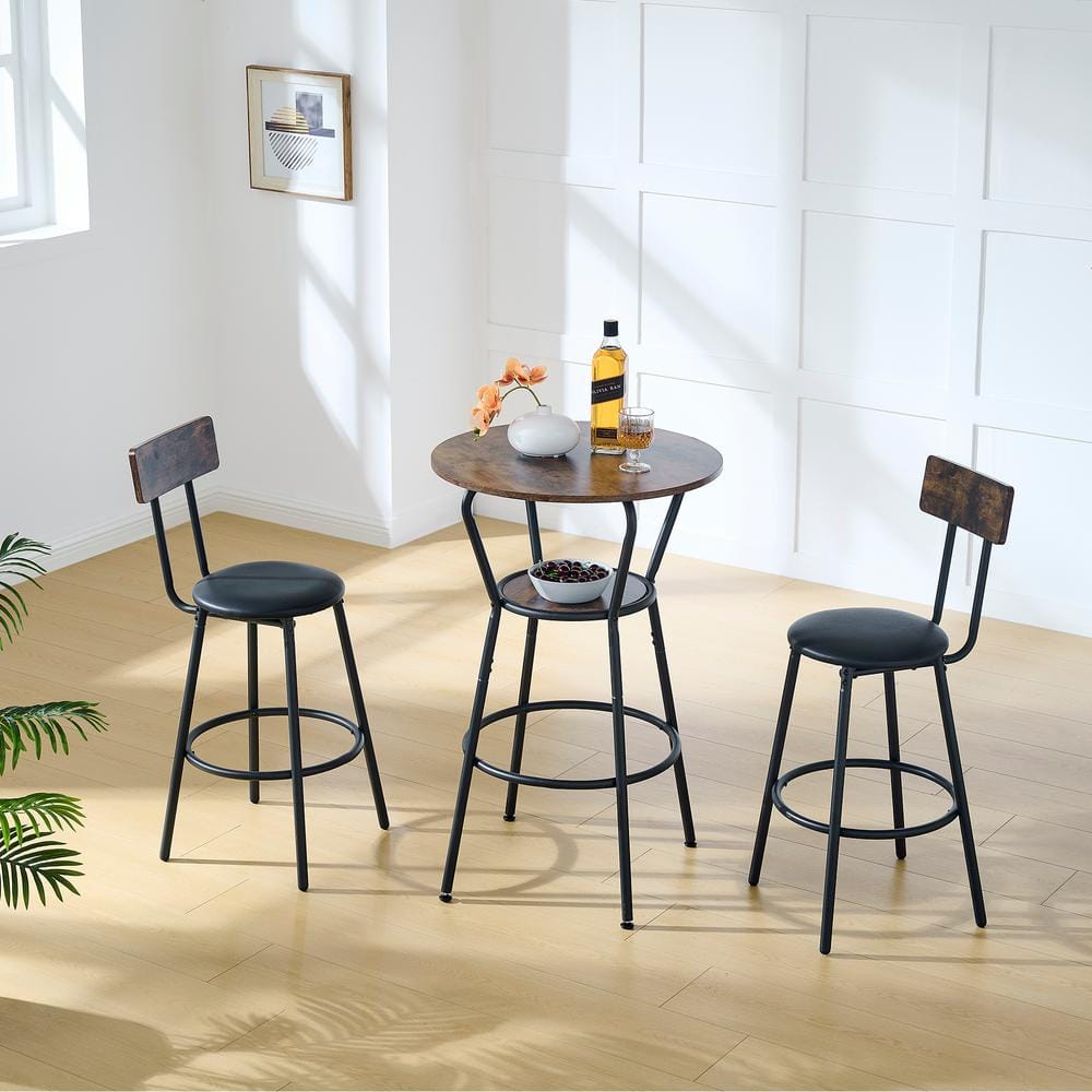 Metal Round 3-Piece Outdoor Bistro Set with Shelf, Upholstered Stool, Backr