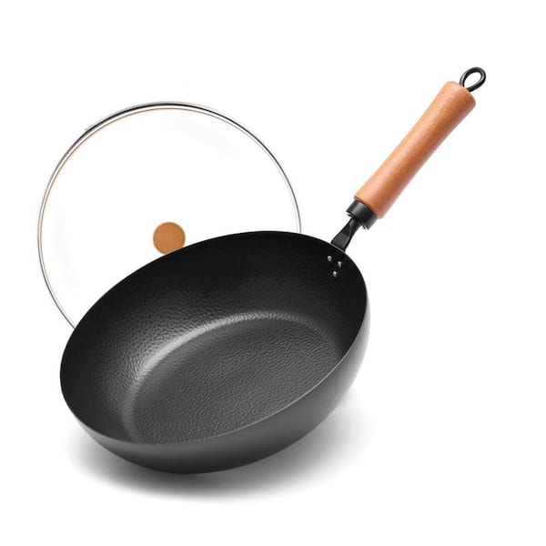 11 in. Carbon Steel Frying Pan Beech Handle Glass Lid Hammered Nonstick Even Heating Induction Gas Compatible