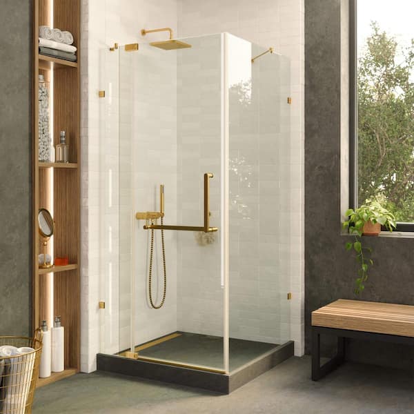 34 in. W x 34 in. H x 74 in. H Hinged Frameless Tempered Glass Corner Shower Enclosure with Satin Brass Finish