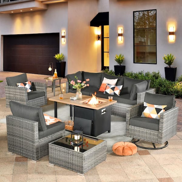 XIZZI Artemis Gray 9-Piece Wicker Patio Rectangular Fire Pit Set with Black Cushions and Swivel Rocking Chairs