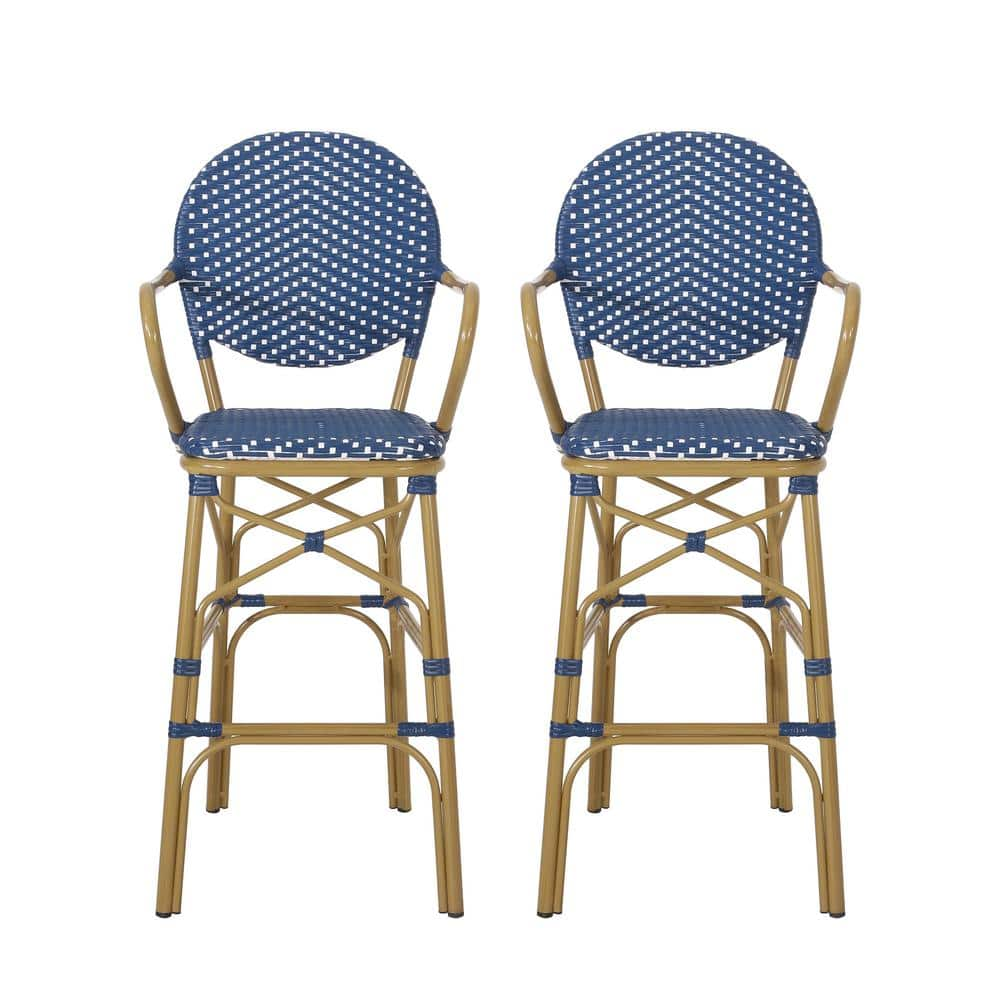 Noble House Ladieu Navy Blue and White Aluminum and Wicker Outdoor Bar Stool (2-Pack)