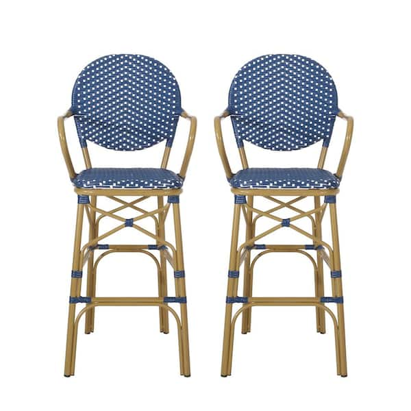 Noble House Ladieu Navy Blue and White Aluminum and Wicker Outdoor Patio Bar Stool (2-Pack)