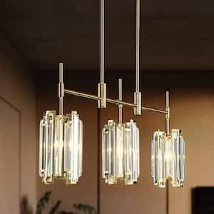 Charlene 35.4 in. 3-Light Brushed Gold Linear Chandelier with Drum Crystal Shades Kitchen Island Pendant Light