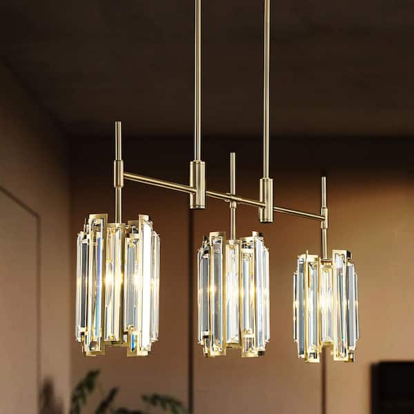 Charlene 35.4 in. 3-Light Brushed Gold Linear Chandelier with Drum Crystal Shades Kitchen Island Pendant Light