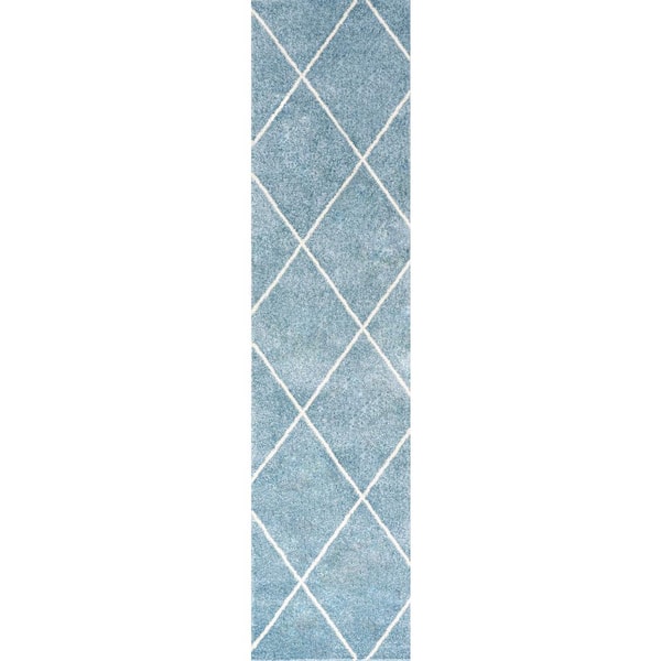 Cole Minimalist Diamond Light Blue/White 2 ft. x 8 ft. Trellis Area Rug