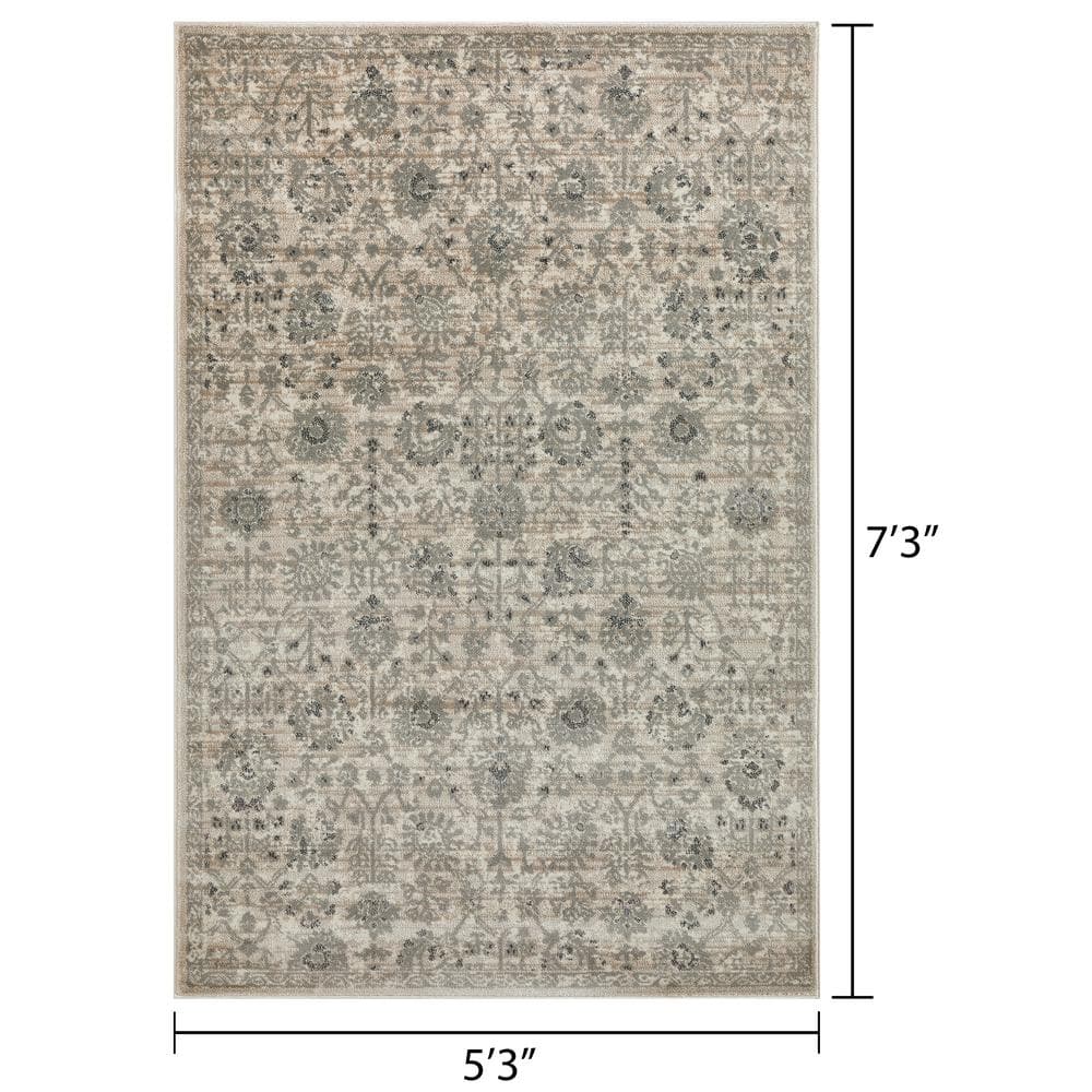 Ivory and Gray Floral Synthetic 5' x 7' Area Rug