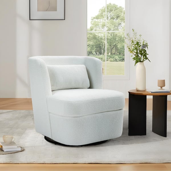 Uixe White Teddy Fabric Upholstered 360° Swivel Accent Barrel Chair with Metal Base (Set of 1)