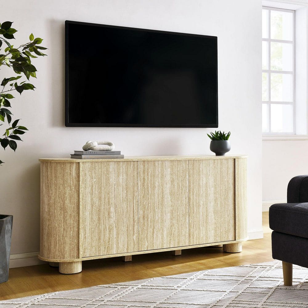 MODWAY Overture Travertine MDF 63 Inch Oval Sideboard with 3 Doors