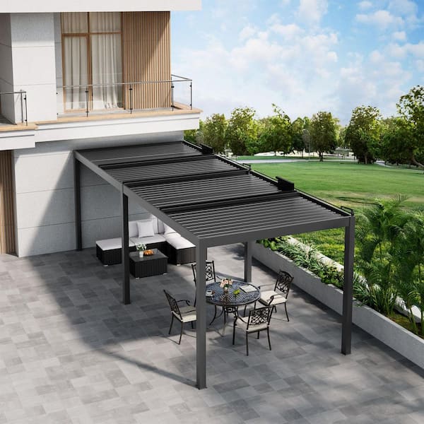 13 ft. x 25 ft. Dark Gray Aluminum Patio Pergola with Built-In Solar Panel, Ceiling Fan and Round LED Light