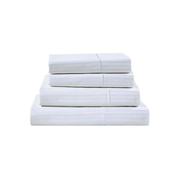 Damask Stripe 3-Piece White Cotton Twin Sheet Set