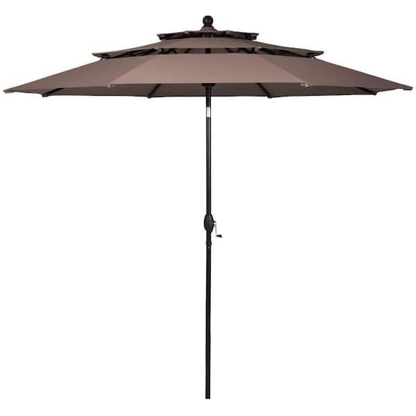 Alpulon 10 ft. 3-Tier Aluminum Market Patio Umbrella in Tan with Crank and Double Vented
