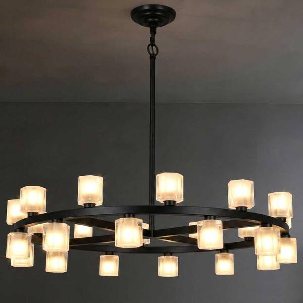 Modern 31.5" Matte Black Wagon Wheel Chandelier 24-Light Industrial Frosted Glass Pendant Ceiling Light for Living Room