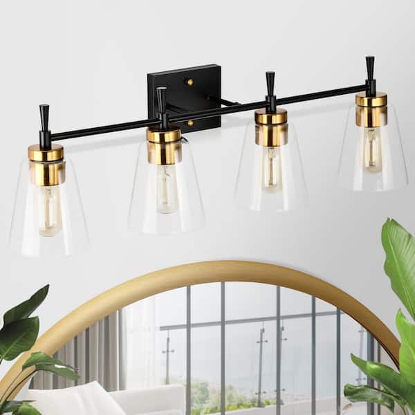 Edvivi Briarwood 30 in. 4-Lights Black and Antique Brass Vanity Light with Clear Glass Cone Shades
