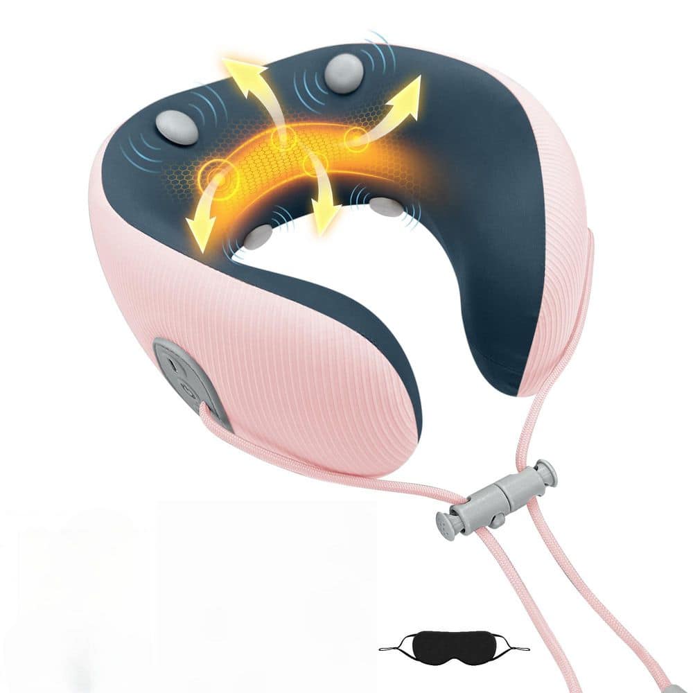Pink Ergonomic Heat Vibration Massage Travel Neck Pillow for Airplane Car Office Home Long Flight Use