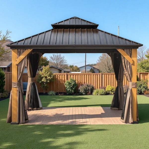 12 ft. x 12 ft. Brown Hardtop Gazebo, Outdoor Cedar Wood Frame Canopy,Galvanized Steel Double Roof, Curtains and Netting