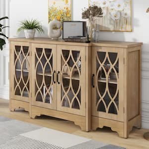 Natural Wood Retro Wood 58 in. Curved Line Design Sideboard with Black Handle and Adjustable Shelves