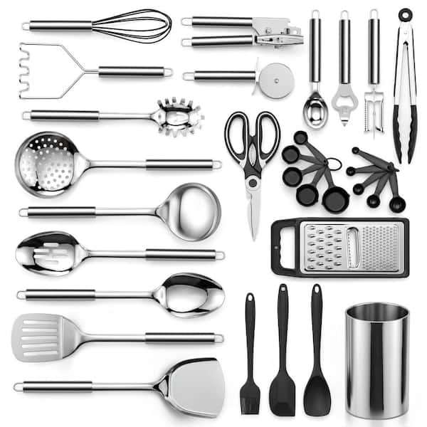 Silver Stainless Steel Cooking Utensils and Kitchen Tool Set with Matching Storage Holder 31-Piece