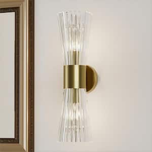 Washington 16.75 in. W 2-Light Brushed Gold Industrial Wall Sconce with Unique Tube Clear Glass Shade