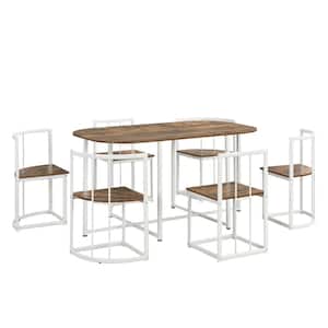 7-Pieces White Metal Outdoor Serving Dining Set with Faux Marble