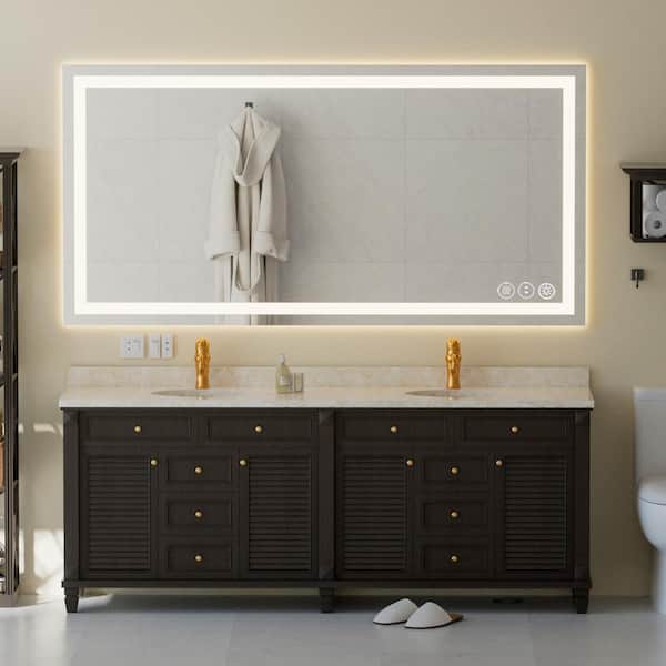 MYCASS Large 72 in. W x 36 in. H Anti-fog Power off Memory Function Rectangular Frameless Wall Bathroom Vanity Mirror in Silver