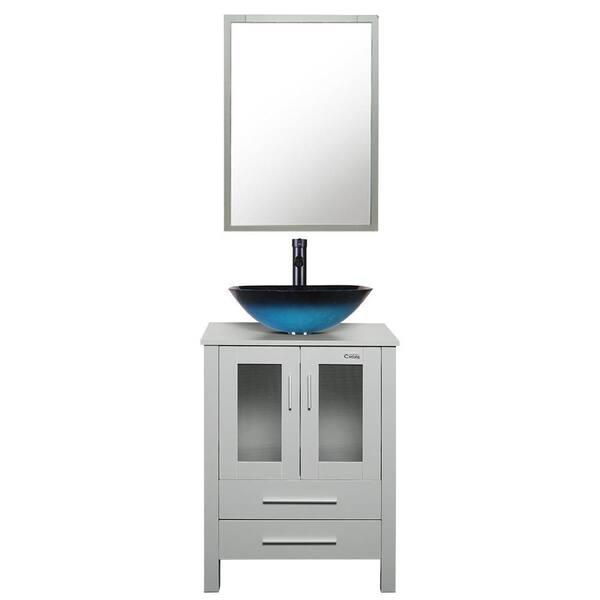 eclife 24 in. W x 20 in. D x 32 in. H Single Sink Bath Vanity in Gray with Ocean Blue Vessel