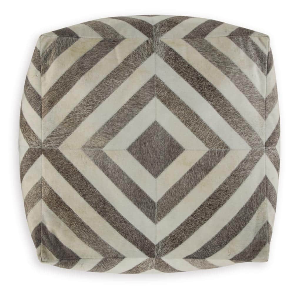 Beige and White Geometric Patterned Polyester Pouf