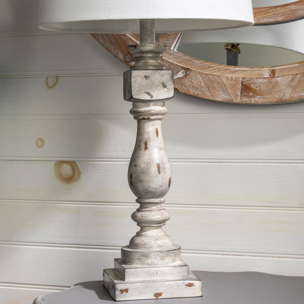 Gray Distressed Resin Table Lamp with White Shade