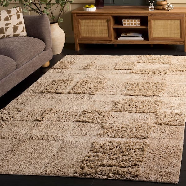Easy Care 6 ft. x 6 ft. Square Beige High-Low Solid Checkered Washable Area Rug
