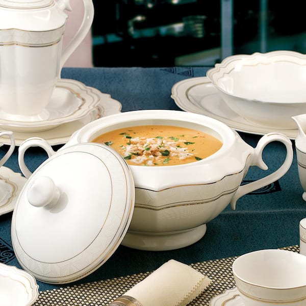 Grace Series 12 in. x 8.5 in. x 7 in. 4 Qt. 128 fl. oz. Gold Bone China  Soup Tureen Serving Bowl with Lid (Set of 2)