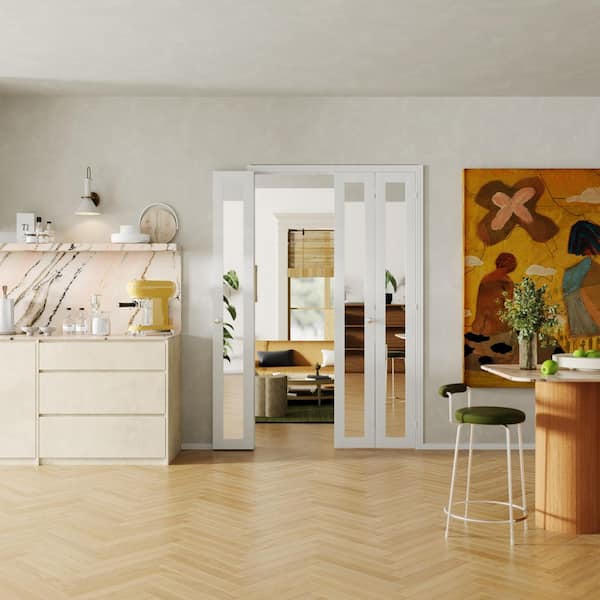 72 in. x 80 in. 1-Lite Mirrored Glass Solid Core White PVC Covering MDF. 180 Degree Bifold Door with Hinges, No Handles