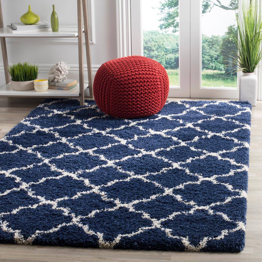 Navy and Ivory Geometric Shag Area Rug 4' x 6'