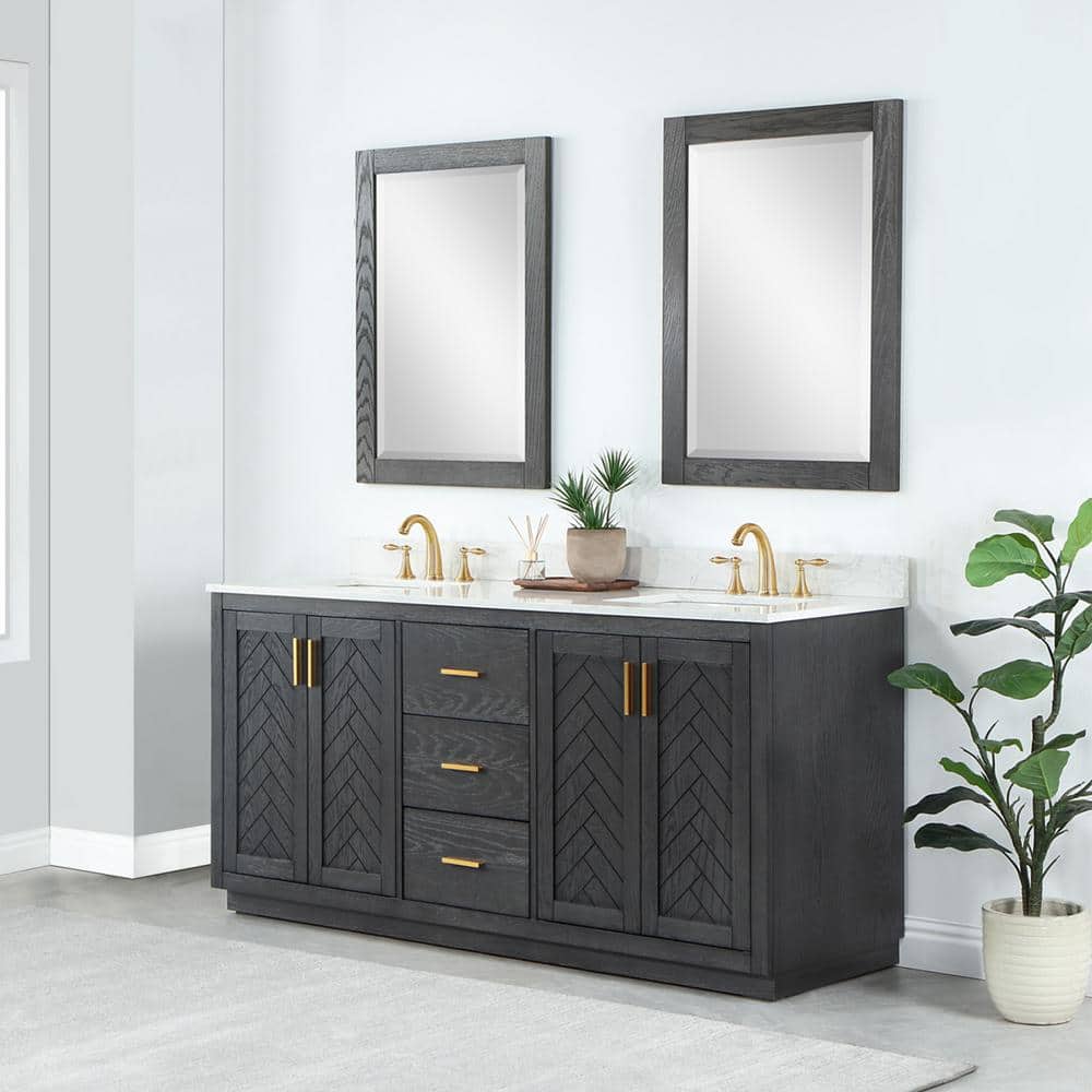 Gazsi 72" Brown Oak Double Bathroom Vanity with Composite Stone Top